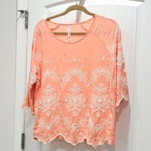 LeoandNicole Womans Contrasting Thread Embroidered Blouse Soft Coral Blouse,Med